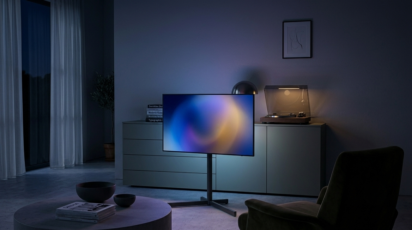 Schwarzer TV Ständer AURA im abendlichen Wohnzimmer - Fernseher frei vor Sideboard mit Plattenspieler platziert