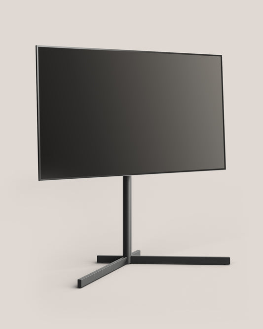 Design Fernsehständer AURA in Graphite Black - Dreiviertelansicht im Wohnzimmer