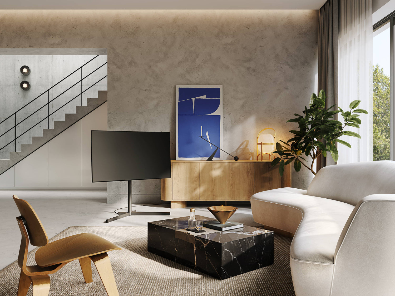 Freistehender TV Ständer AURA in modernem Loft mit Sichtbeton und Holz-Sideboard