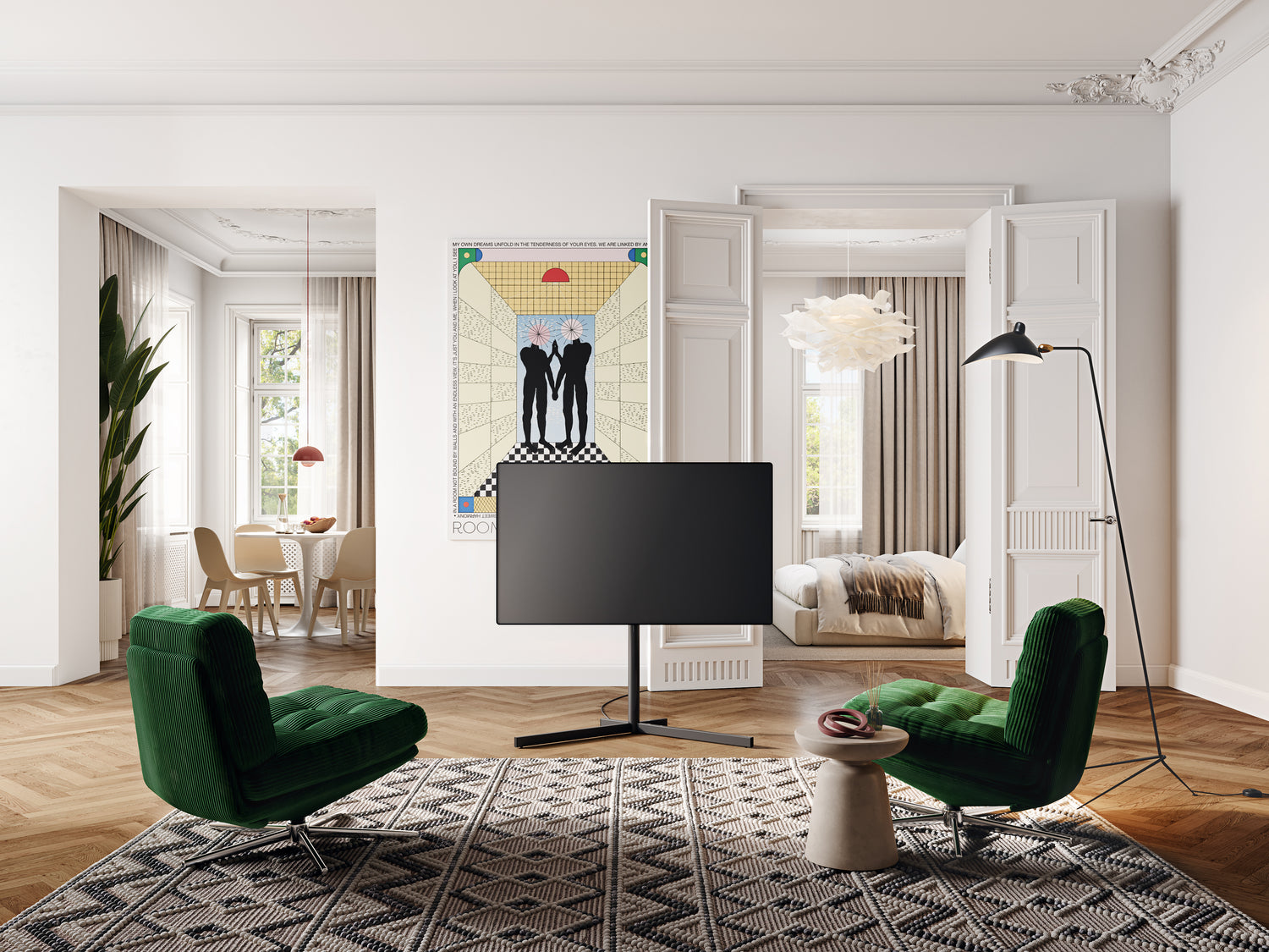 
TV Stand AURA freistehend im Altbau-Wohnzimmer mit Fischgrätparkett